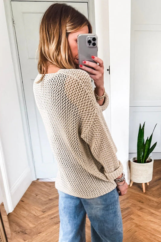 Smoke Gray Crochet Hollow-out Knit Sweater - minbolu -