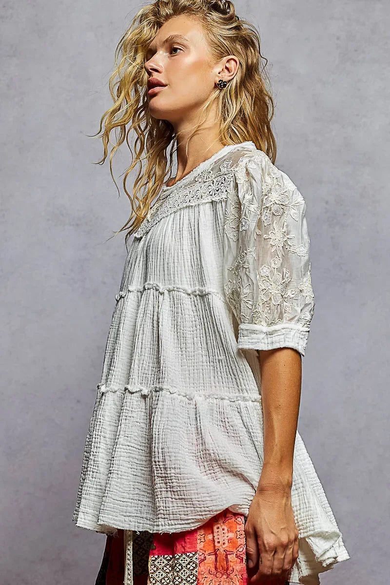 POL Lace Detail Tiered Round Neck Half Sleeve Blouse - minbolu -