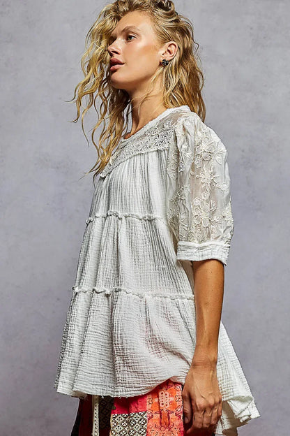 POL Lace Detail Tiered Round Neck Half Sleeve Blouse - minbolu -