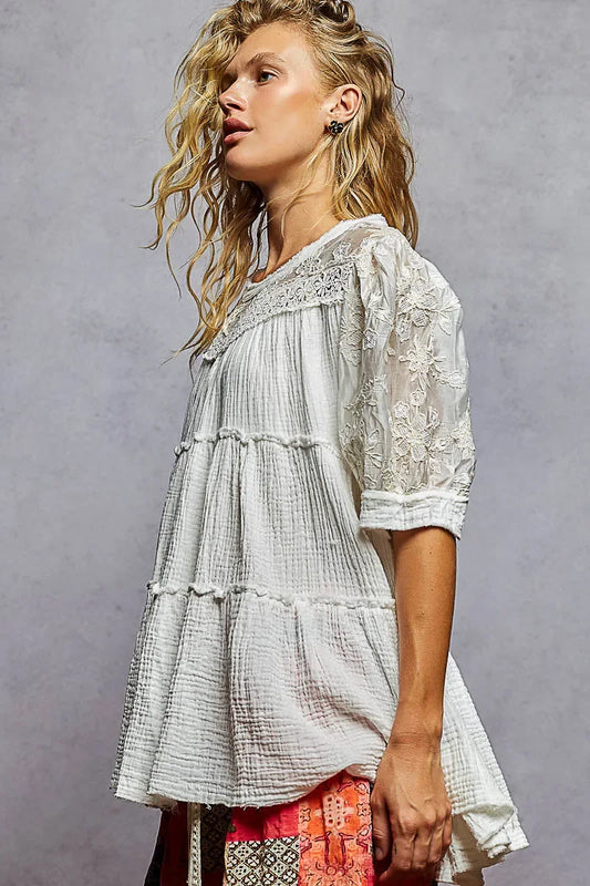 POL Lace Detail Tiered Round Neck Half Sleeve Blouse - minbolu -