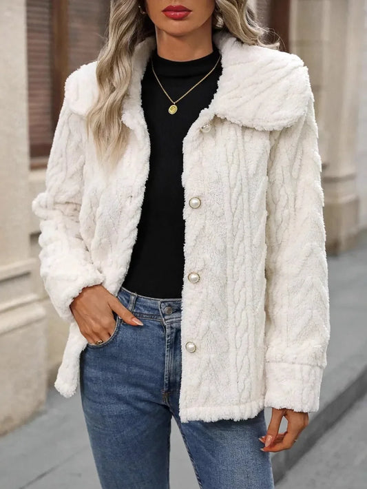 Fuzzy Texture Button Up Collared Neck Coat - minbolu -
