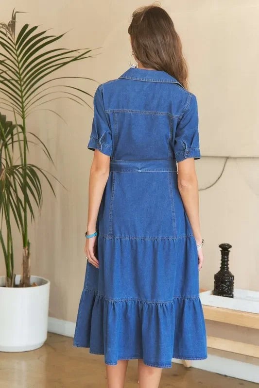 ADORA Tiered Button Down Denim Dress - minbolu -