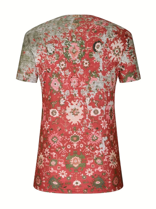 Printed Notched Short Sleeve Blouse - Stylish Design - minbolu -