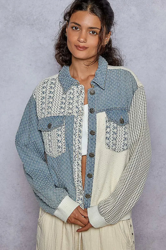 POL Lace Details Button Up Jacket with Chest Pockets - minbolu -