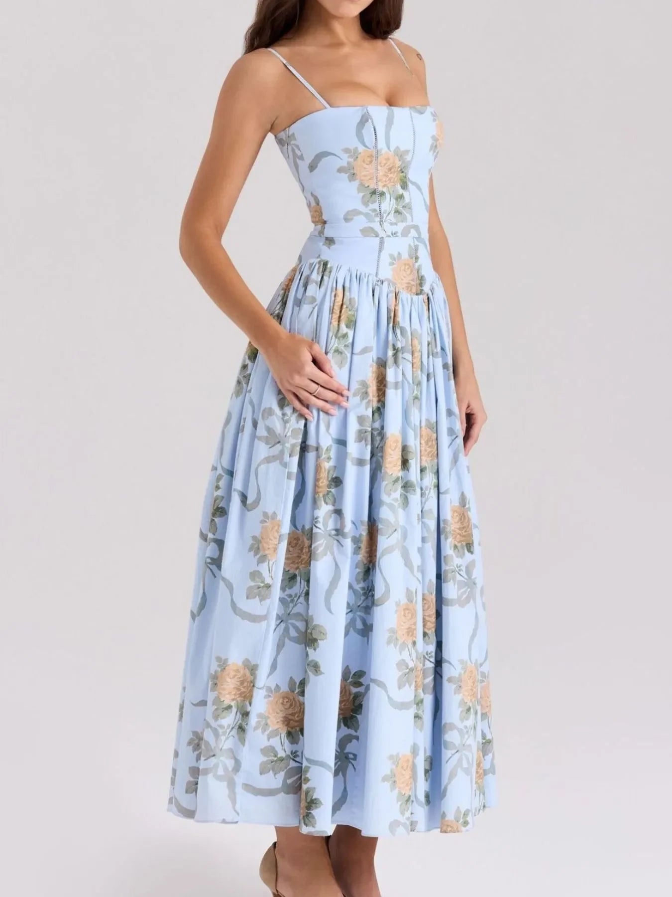 Floral Print Square Neck Cami Maxi Dress - minbolu -