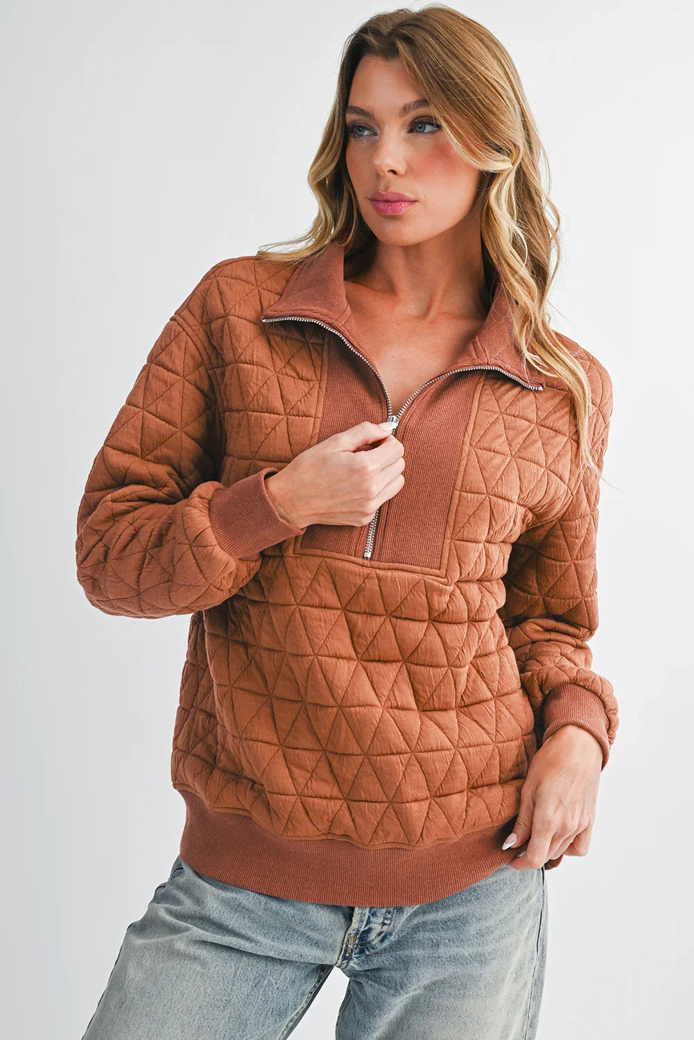 Straw Yellow Textured Zipper Neck Long Sleeve Pullover Sweatshirt - minbolu -