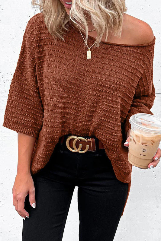 Brown Solid Color Rib-Knit Drop Sleeve Side Slits Top - minbolu -