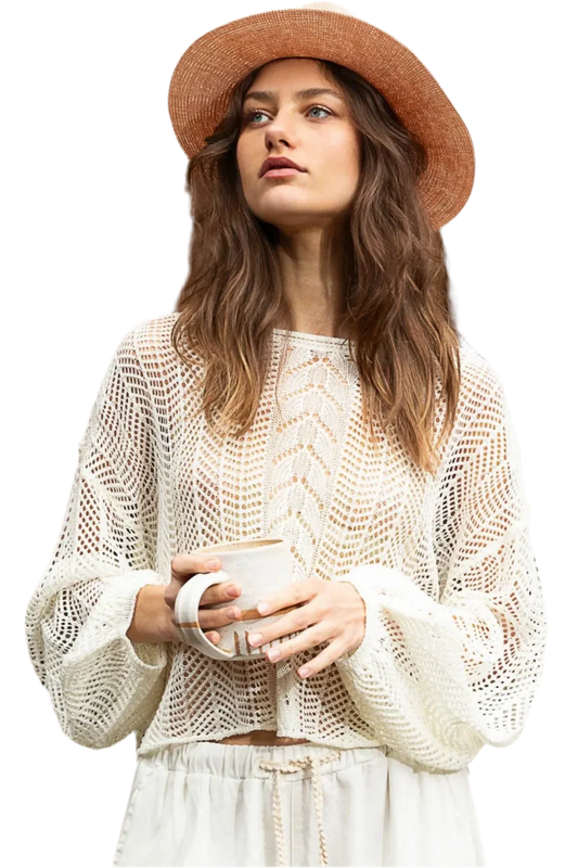 Openwork Balloon Sleeve Knit Cover Up - minbolu -