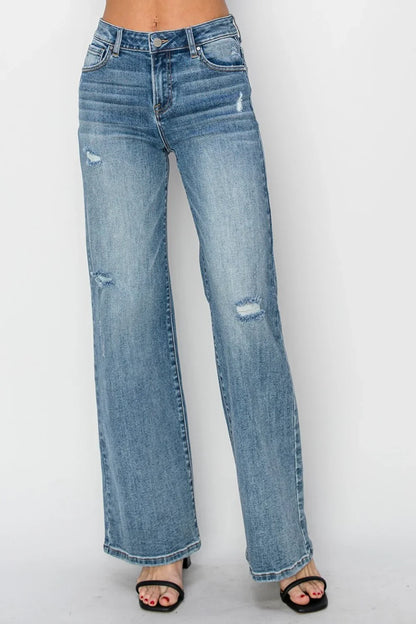 RISEN High Waist Distressed Wide Leg Jeans - minbolu -