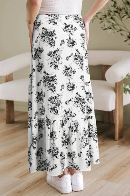 Boho Floral High Waist Ruffle Split Maxi Skirt - minbolu -