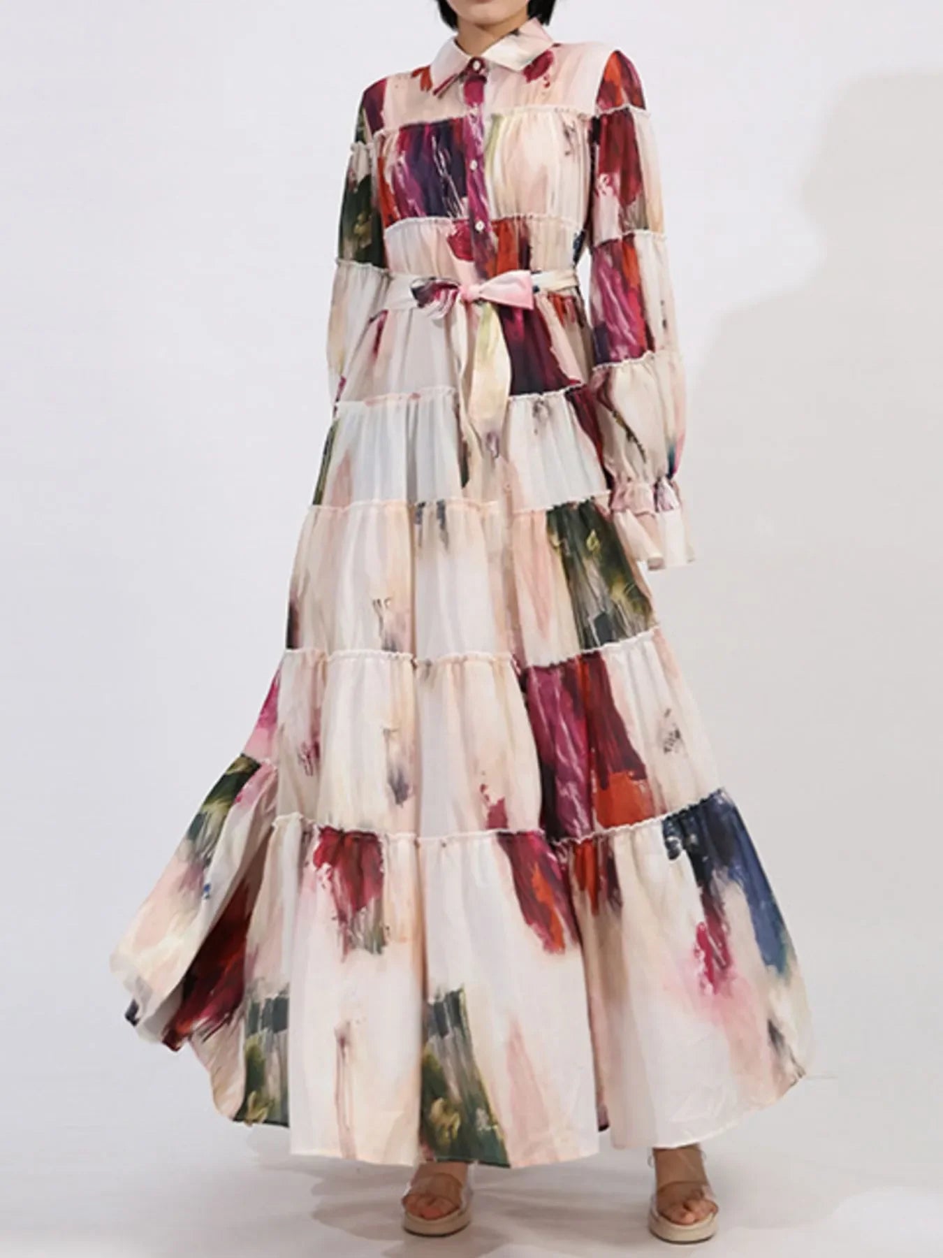 Tiered Tie Waist Maxi Dress - minbolu -