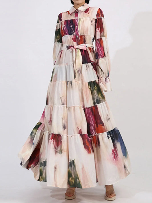 Tiered Tie Waist Maxi Dress - minbolu -
