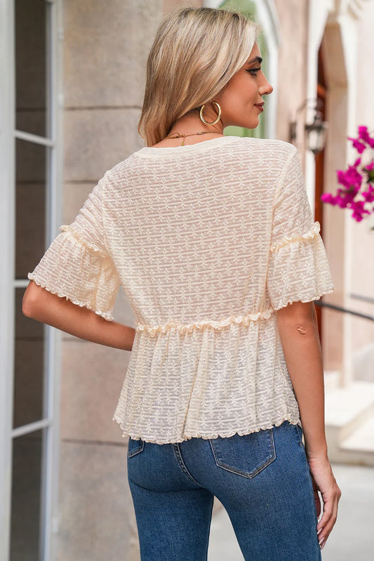Boho Beige Lace Ruffle Blouse - Women's Elegant Textured Top - minbolu -