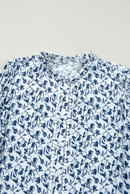 Blue Floral Print Lace Detail Puff Sleeve Shirt - minbolu -