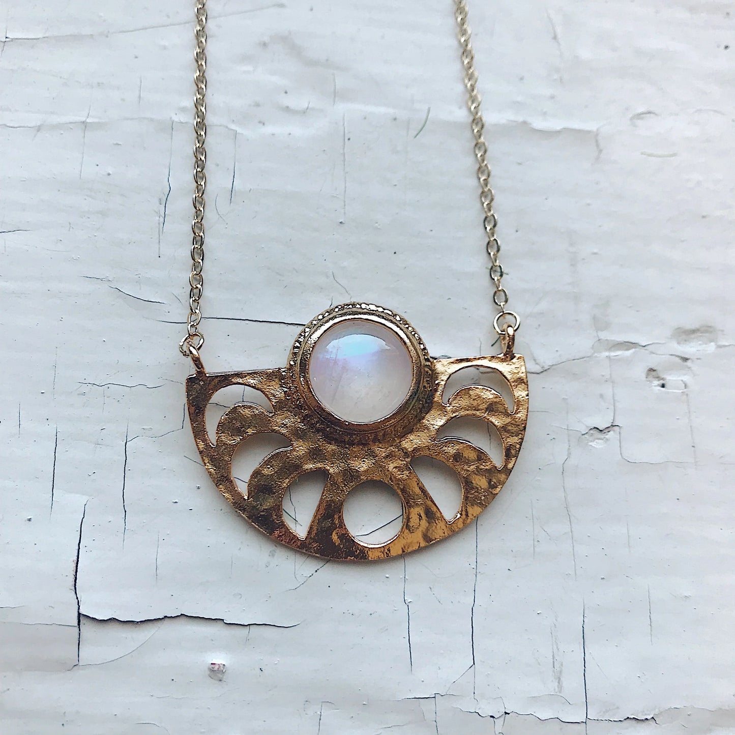 Moon Goddess Necklace - Moon Phases Rainbow Moonstone Pendant - minbolu -