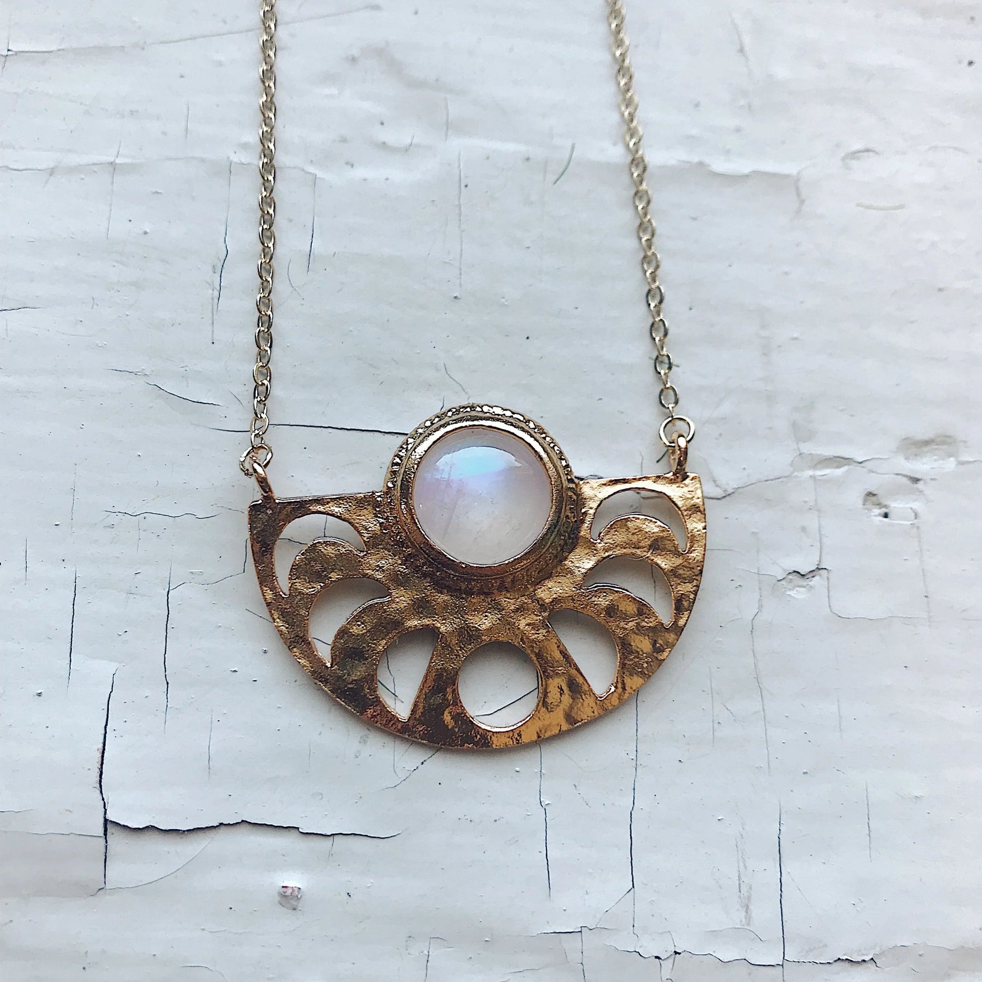 Moon Goddess Necklace - Moon Phases Rainbow Moonstone Pendant - minbolu -
