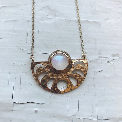 Moon Goddess Necklace - Moon Phases Rainbow Moonstone Pendant - minbolu -