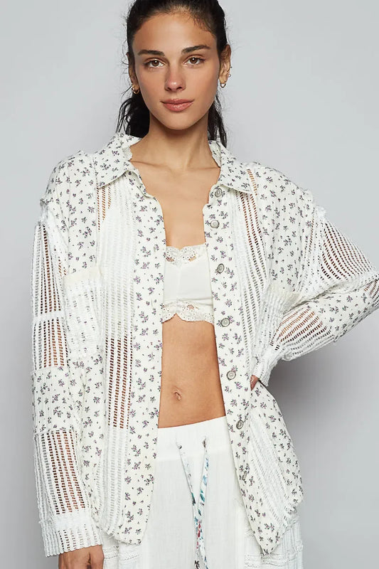 POL Floral Crochet Patchwork Long Sleeve Shirt - minbolu -