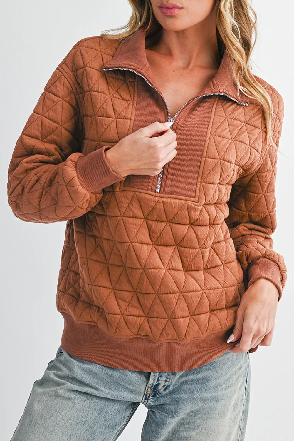 Straw Yellow Textured Zipper Neck Long Sleeve Pullover Sweatshirt - minbolu -