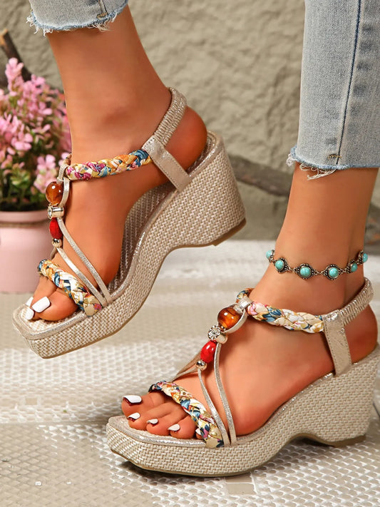 Bohemian Floral Beaded Wedge Sandals - minbolu -