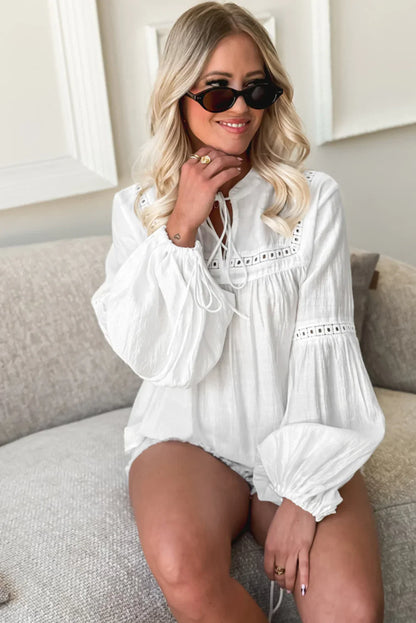 White Drawstring Lace Detail Puff Sleeve Split Neck Blouse - minbolu -