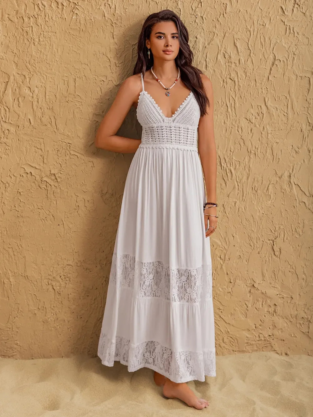 Lace Detail Crochet Tiered Maxi Cami Dress - minbolu -