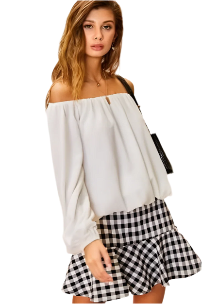 White Off-Shoulder Bubble Sleeve Top - minbolu -