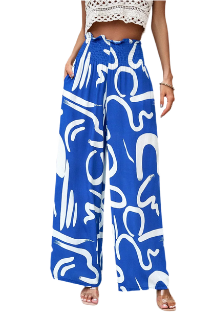 Printed Wide Leg Smocked Pants with Pockets - minbolu -