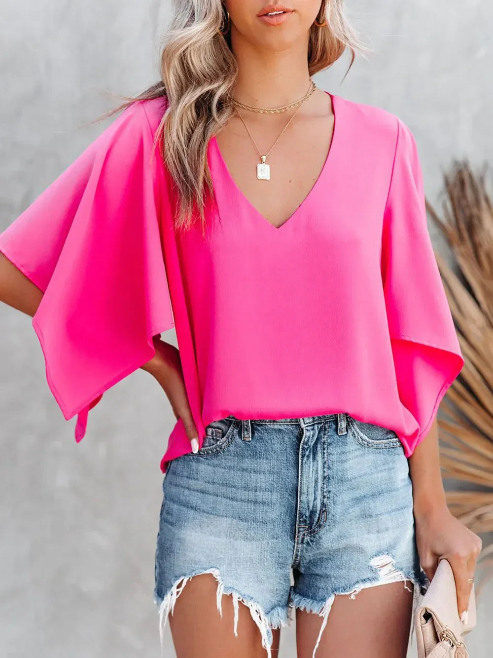 Loose-Fitting Blouse - Women's V-Neck Short-Sleeve Boho Style - minbolu -