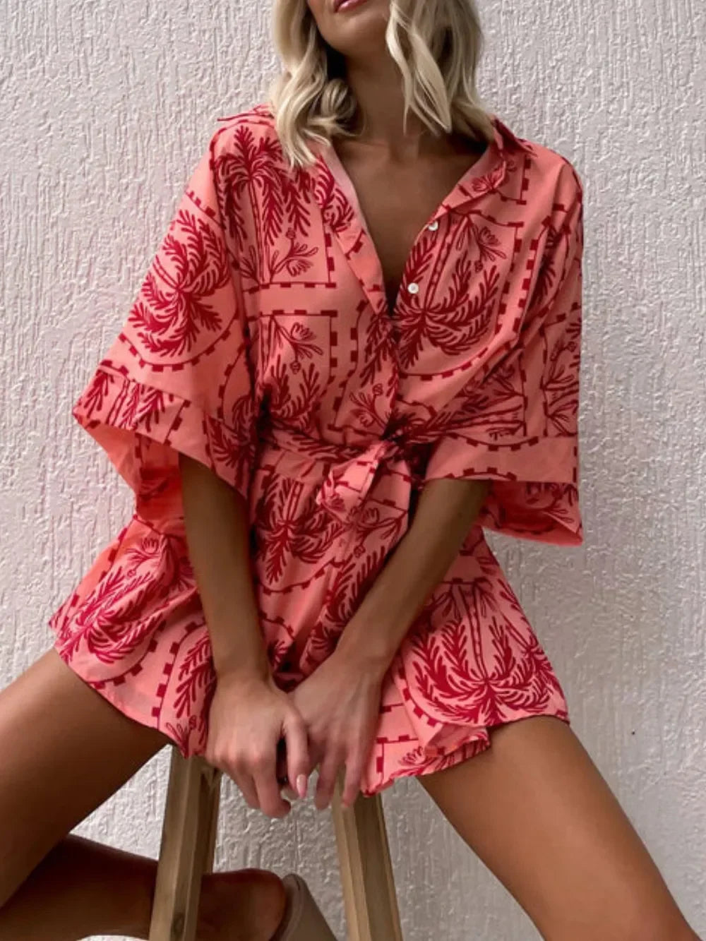 Printed Tie Waist Half Sleeve Romper - minbolu -