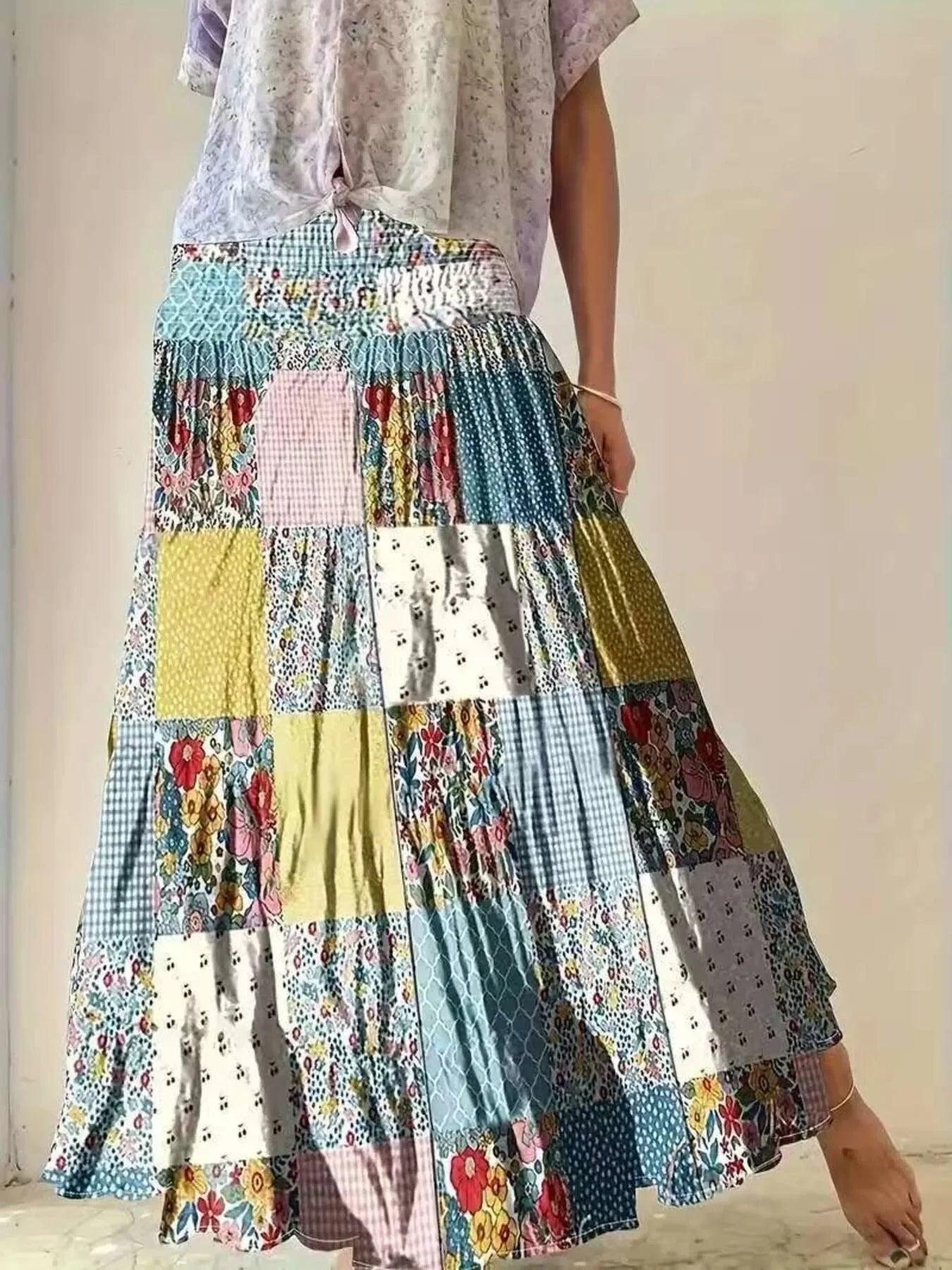 Smocked Waist Printed Maxi Skirt - minbolu -
