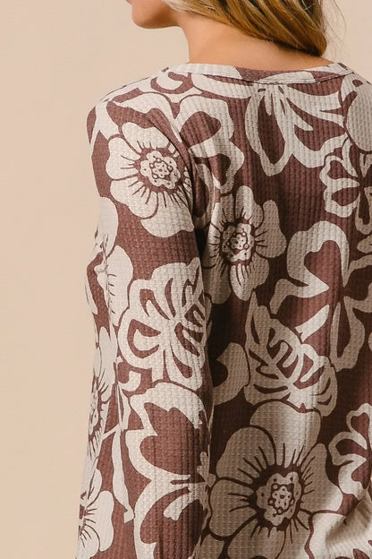 Women's Long Sleeve Top - BiBi Flower Printed Waffle Thumb Opening Boho Long Sleeve Top - minbolu -
