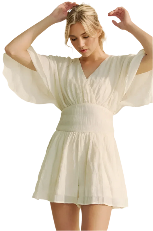 Batwing Sleeve Waist Belt Romper - minbolu -