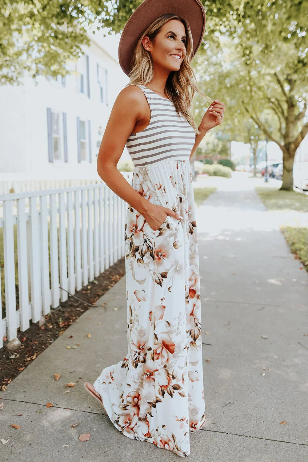 White Boho Stripes & Floral Print Floor Length Tank Dress - minbolu -
