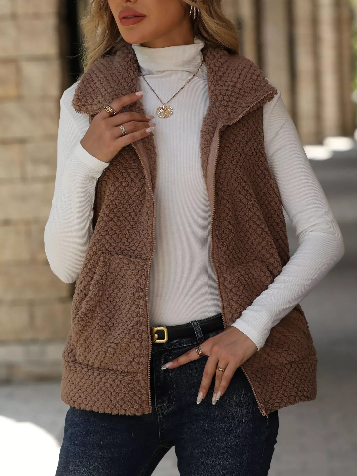 Boho Vest - Women's Zip-Up Sleeveless Coat with Pockets - minbolu -