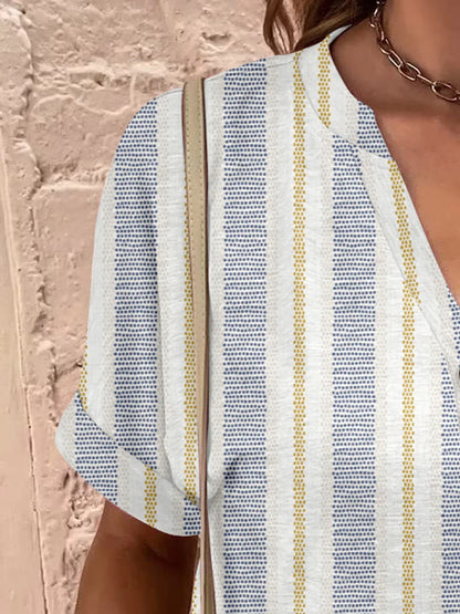 Printed Notched Short Sleeve Blouse - Stylish Design - minbolu -