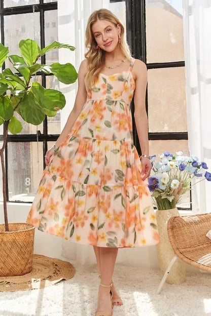 Boho Midi Dress - ADORA Smocked Back Floral Adjustable Strap Women's Dress - minbolu -