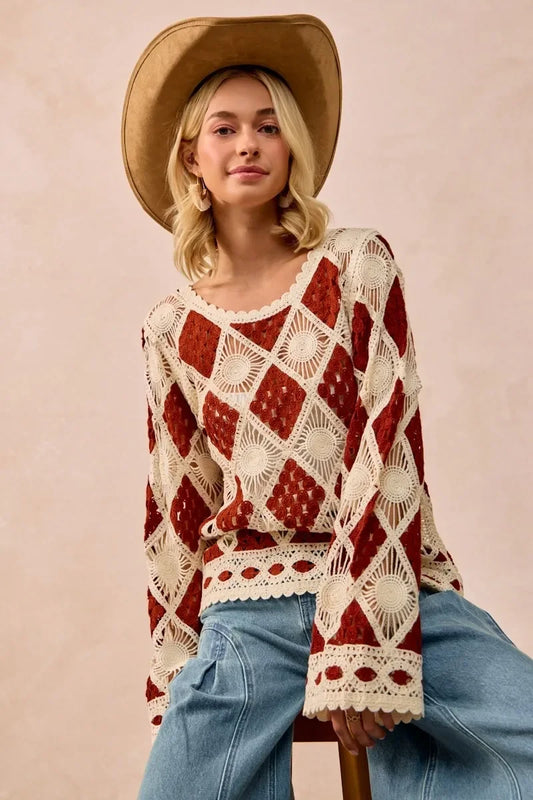 BiBi Diamond Crochet Knit Top - minbolu -