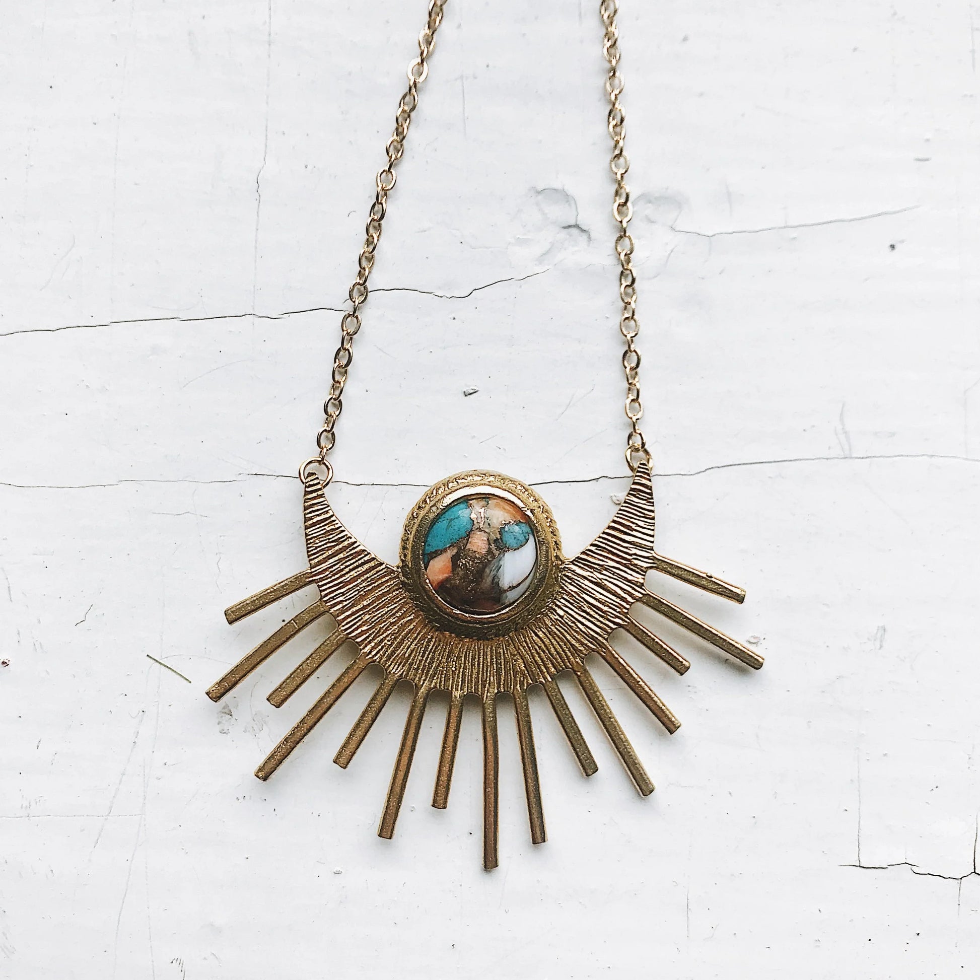 Sun Goddess Necklace - Sun Pendant with Copper Oyster Turquoise - minbolu -