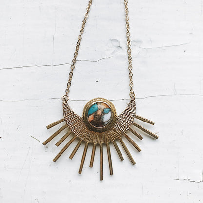 Sun Goddess Necklace - Sun Pendant with Copper Oyster Turquoise - minbolu -