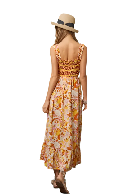 Multi Smocked Geo Ruffle Midi Dress - minbolu -