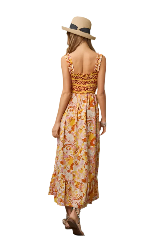 Multi Smocked Geo Ruffle Midi Dress - minbolu -