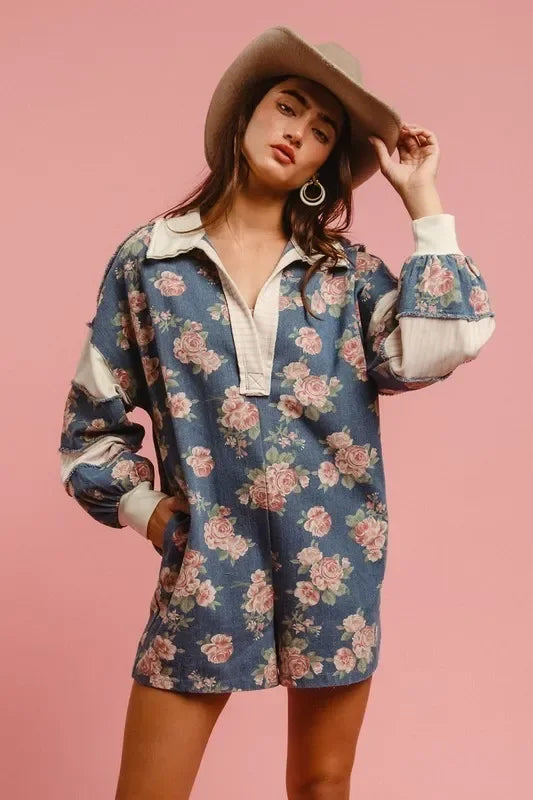 BiBi Washed Floral Denim Romper With Contrast Collar - minbolu -