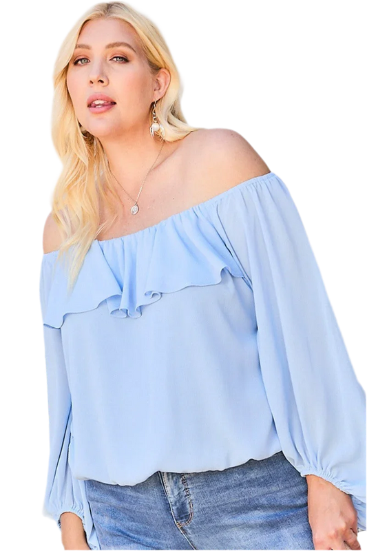 Dusty Blue Off Shoulder Ruffle Top - minbolu -