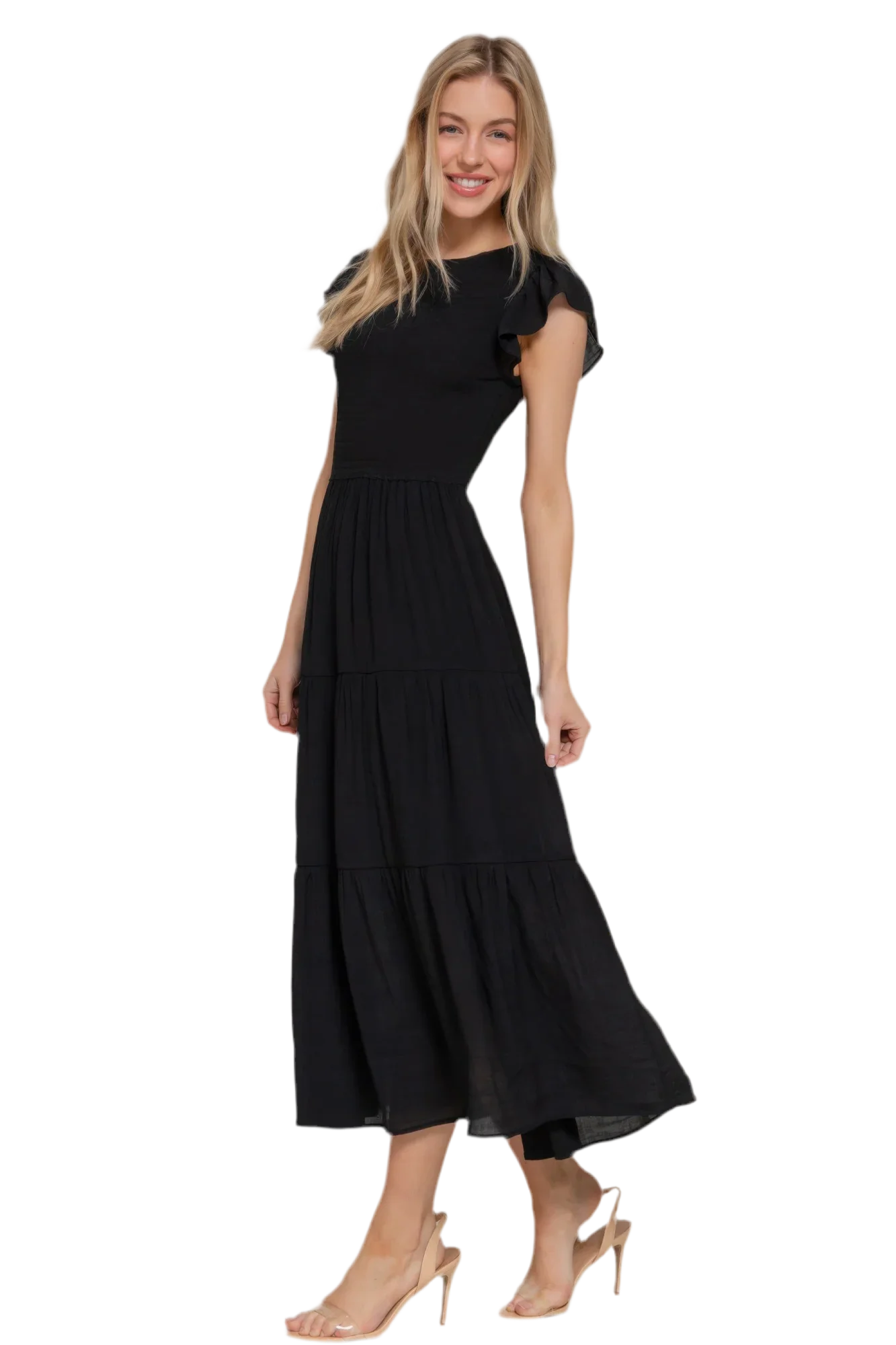Ruffle Sleeve Smocked Solid Tiered Dress - minbolu -