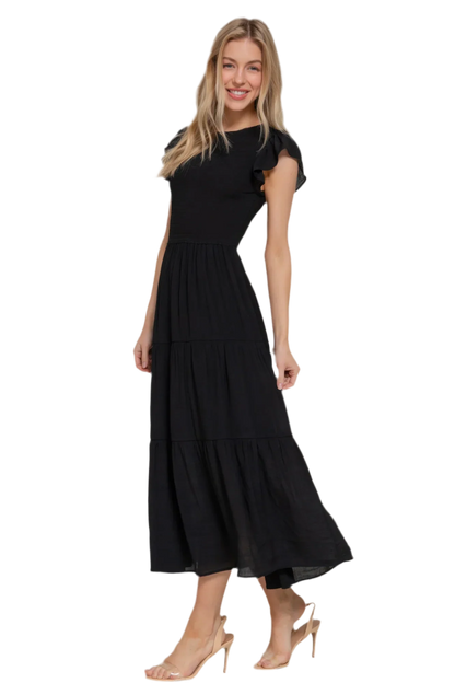 Ruffle Sleeve Smocked Solid Tiered Dress - minbolu -