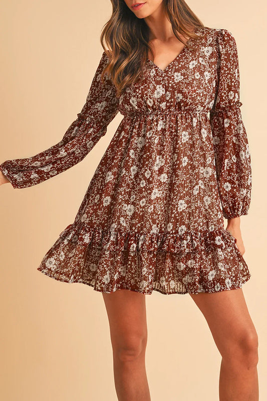 Brown Boho Floral Ruffle Puff Sleeve V Neck Mini Dress - minbolu -