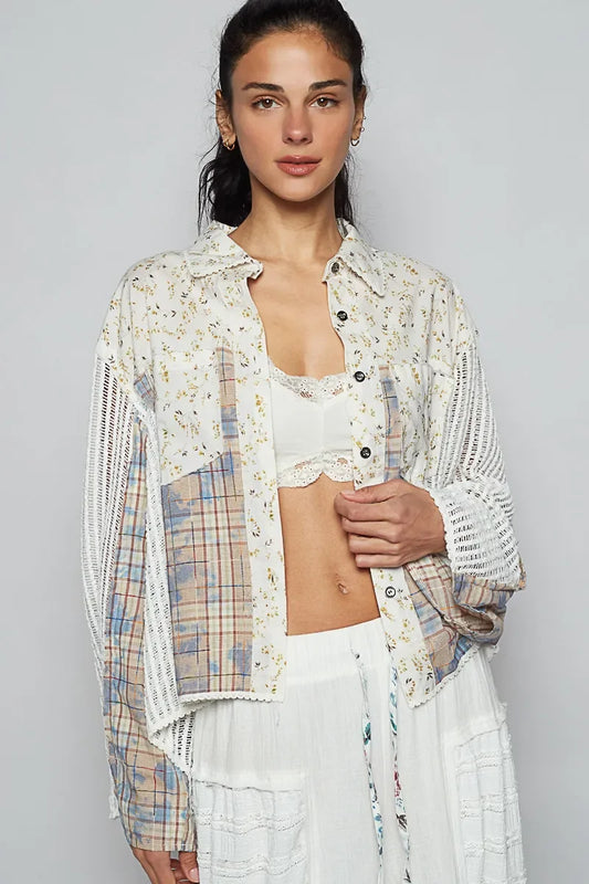 POL Floral Slit Back Plaid Patchwork Shirt - minbolu -