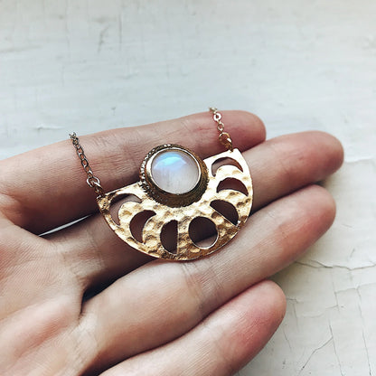 Moon Goddess Necklace - Moon Phases Rainbow Moonstone Pendant - minbolu -