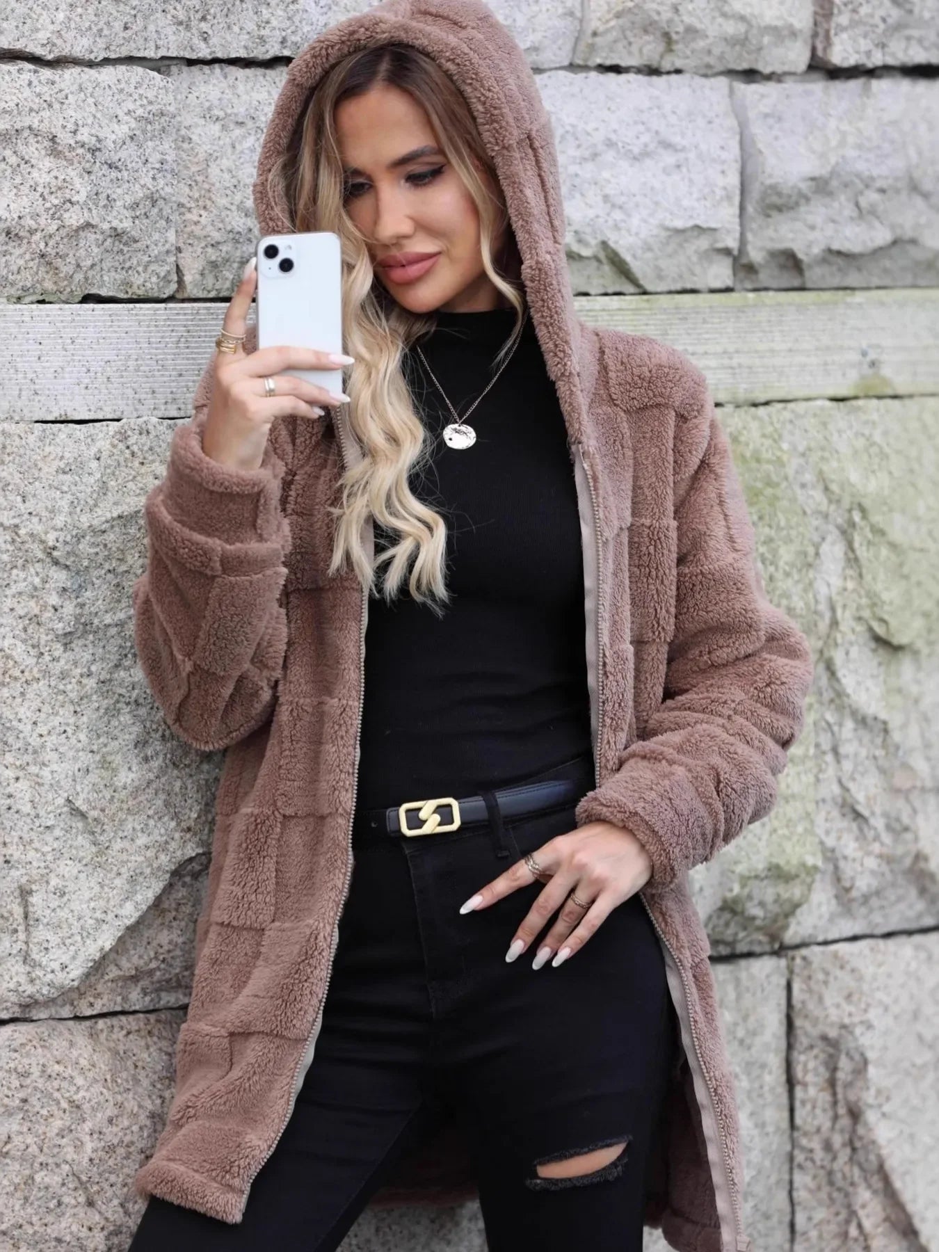 Boho Outerwear - Women's Oversized Fleece Zip-Up Hooded Jacket - minbolu -